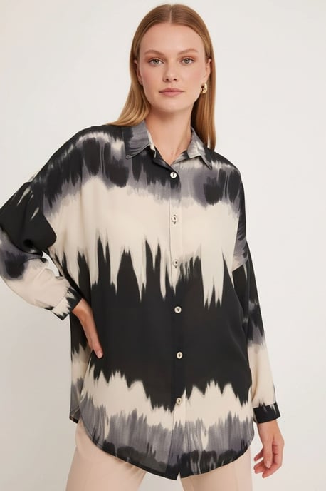 Overmaatse Abstracte Geweven Langarmshirt met Knopsluiting - Image 4