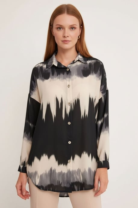 Overmaatse Abstracte Geweven Langarmshirt met Knopsluiting - Image 5