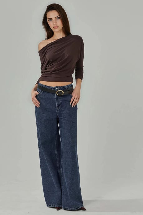Asymmetrische Kraag Lange Mouw Elastische Gebreide T-shirt - Image 4
