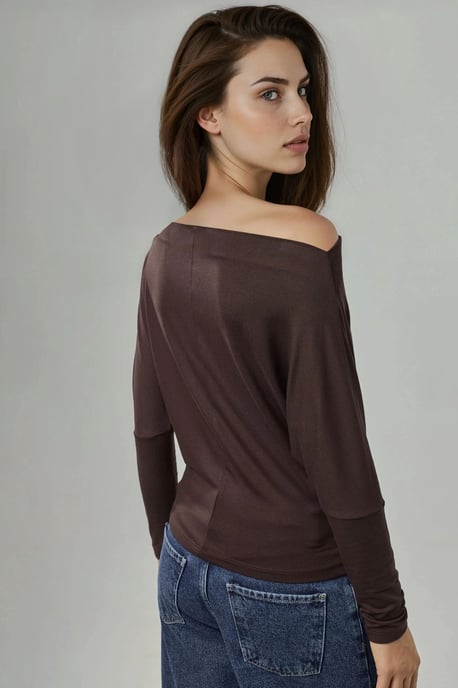 Asymmetrische Kraag Lange Mouw Elastische Gebreide T-shirt - Image 5