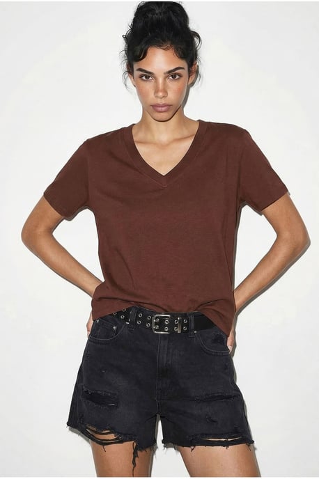 Comfort Fit V-hals Gekamd Katoenen T-Shirt - Image 3