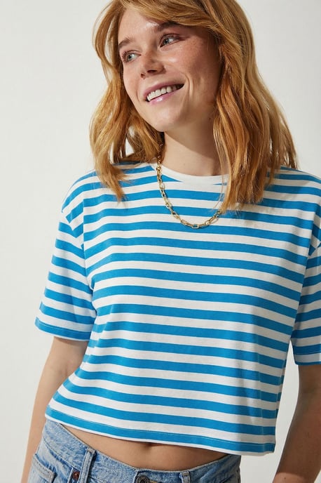 Oversized Gestreepte Crew Neck Crop T-Shirt - Image 2