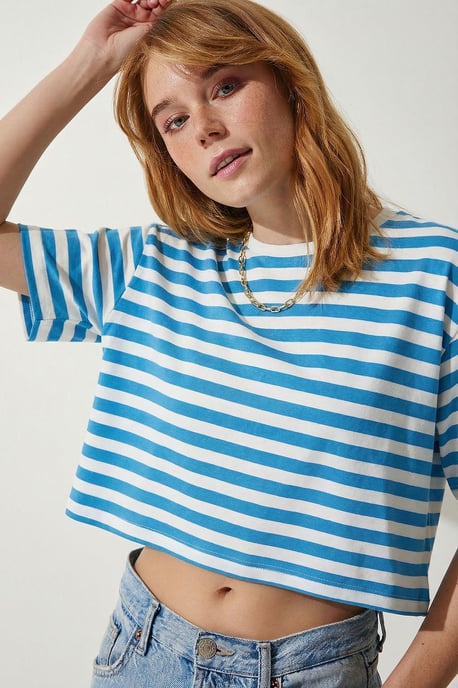 Oversized Gestreepte Crew Neck Crop T-Shirt - Image 3