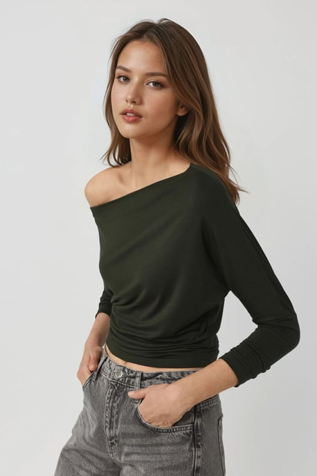 Asymmetrische Kraag Lange Mouwen Elastische Brei T-shirt - Image 2