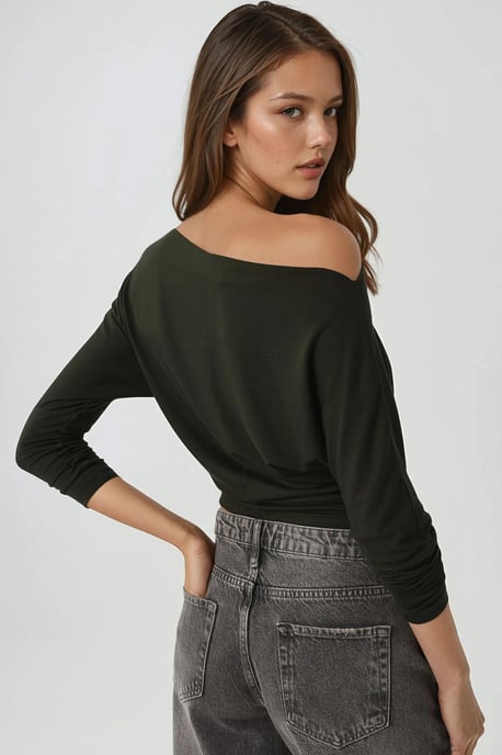 Asymmetrische Kraag Lange Mouwen Elastische Brei T-shirt - Image 3