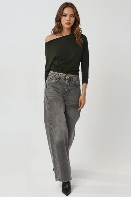 Asymmetrische Kraag Lange Mouwen Elastische Brei T-shirt - Image 4