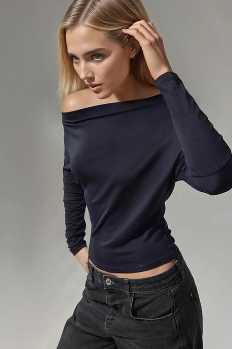 Asymmetrische Kraag Lange Mouw Elastische Gebreide T-Shirt - Image 2