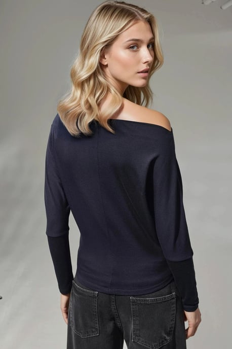 Asymmetrische Kraag Lange Mouw Elastische Gebreide T-Shirt - Image 4