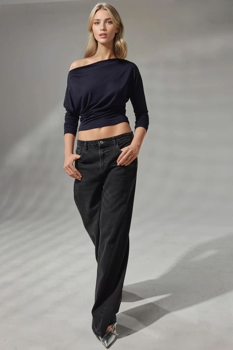 Asymmetrische Kraag Lange Mouw Elastische Gebreide T-Shirt - Image 5