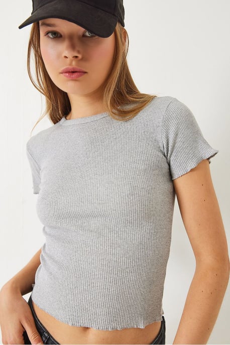 Ribbad kortärmad t-shirt med krusad kant - Image 1
