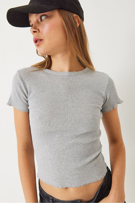 Ribbad kortärmad t-shirt med krusad kant - Image 3