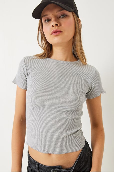 Ribbad kortärmad t-shirt med krusad kant - Image 4