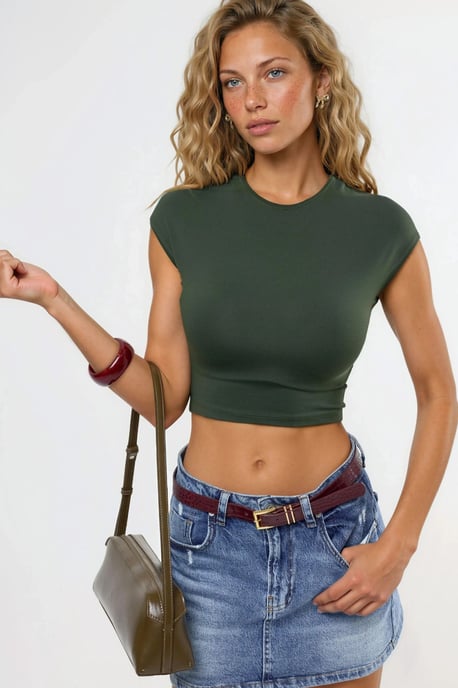 Crew Neck Solid Crop T-Shirt - Image 1