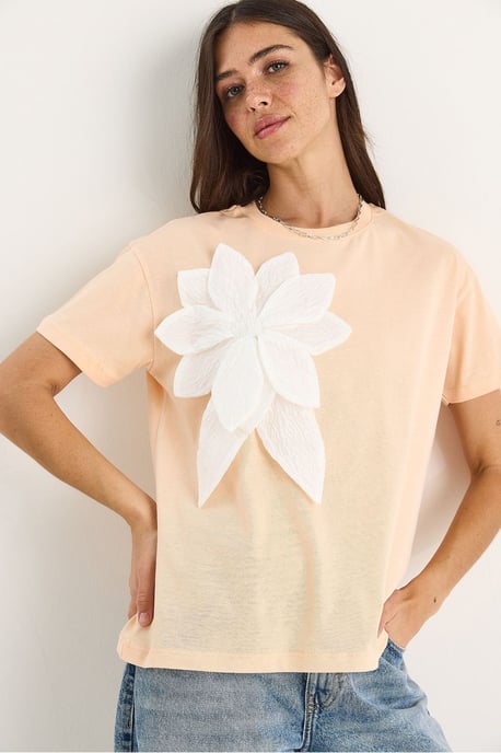 Bloemenprint T-shirt met ronde hals en accessoire-detail - Image 2