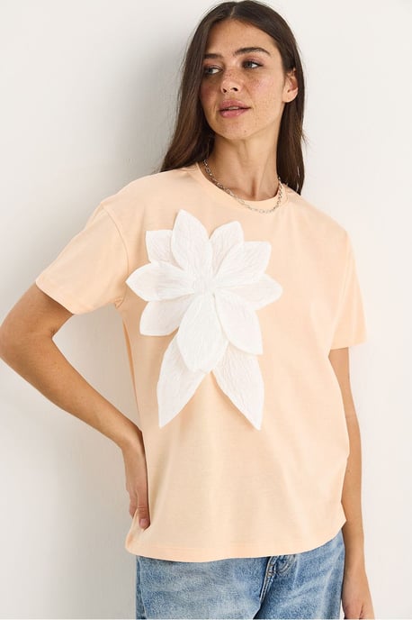 Bloemenprint T-shirt met ronde hals en accessoire-detail - Image 3
