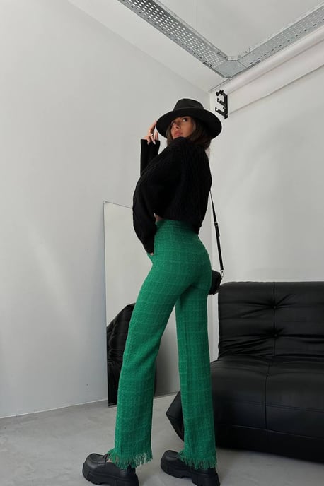 Tweed High Waist Straight Leg Trousers with a Tassel Hem - Image 3