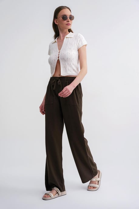 Mid Waist Straight Leg Cotton Pants with Tie Closure - Image 2
