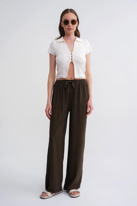 Mid Waist Straight Leg Cotton Pants with Tie Closure - Image 3