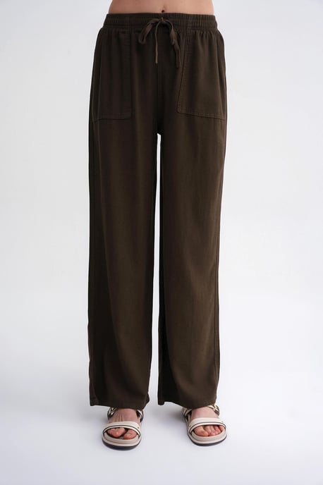 Mid Waist Straight Leg Cotton Pants with Tie Closure - Image 4