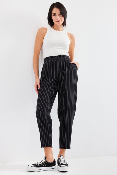 High Waist Striped Pleated Ankle Pants - Image 1