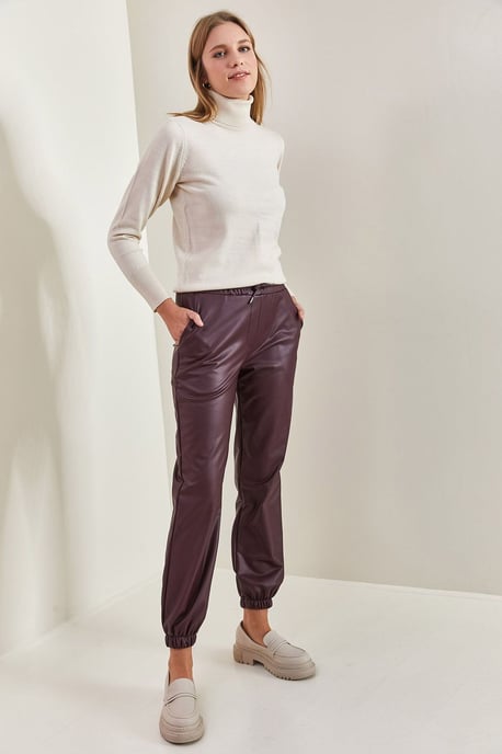 Faux Leather Jogger Pants with Cuffed Legs - Image 2