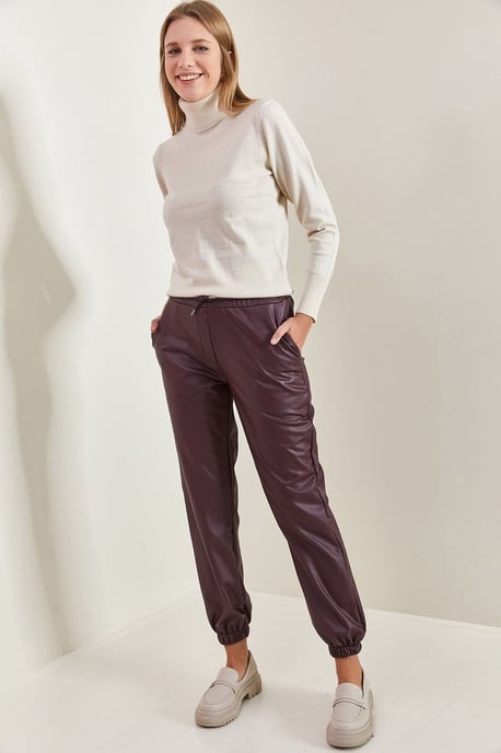 Faux Leather Jogger Pants with Cuffed Legs - Image 3