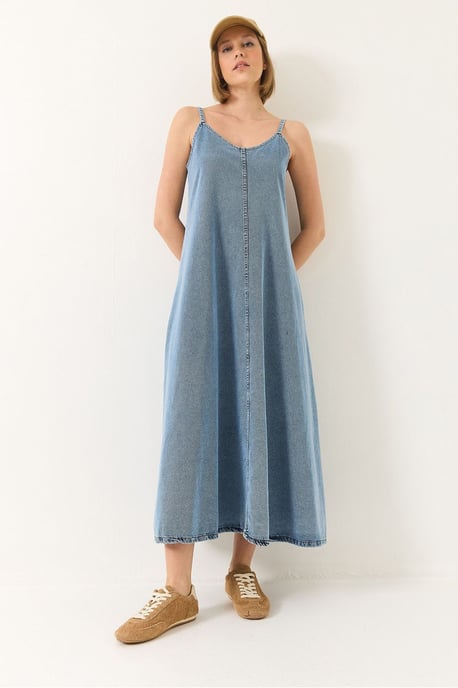 Maxi V-hals Denim Jurk met Knopen Sluiting - Image 3