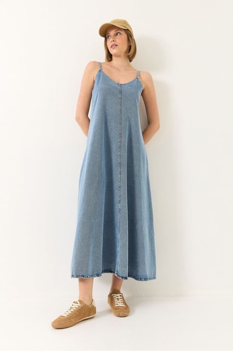 Maxi V-hals Denim Jurk met Knopen Sluiting - Image 4