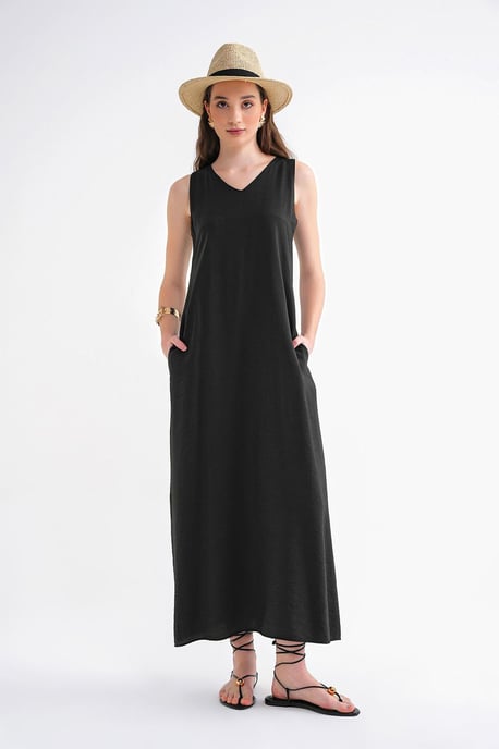 V-hals Mouwloze Maxi Jurk met Zakken - Image 3