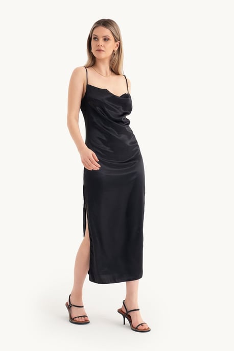 Satin Cowl Neck Spaghetti Band Slits Maxi Klänning - Image 3