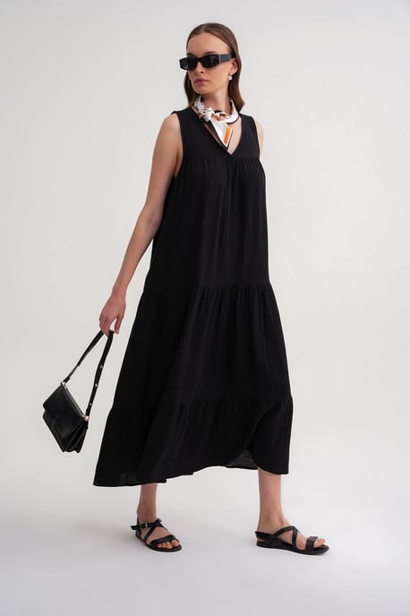 Mouwloze V-hals Katoenen Midi-jurk met Zakken - Image 2
