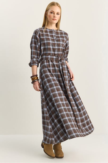 Plaid Midi Dress with Belt - Image 1