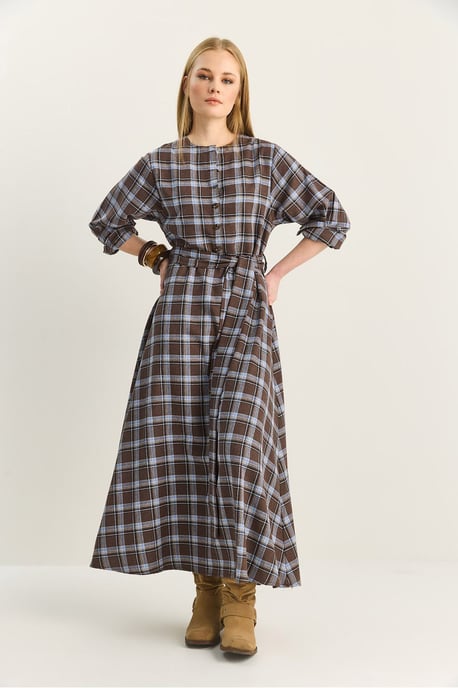 Plaid Midi Dress with Belt - Image 2
