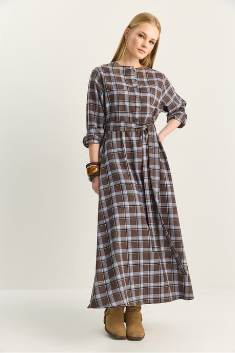 Plaid Midi Dress with Belt - Image 3