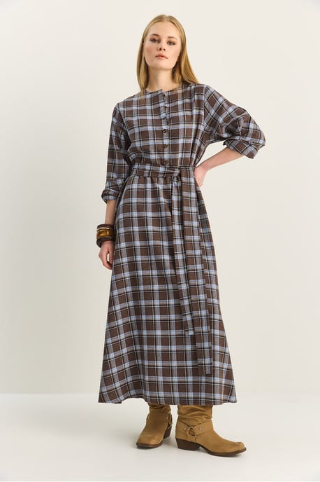 Plaid Midi Dress with Belt - Image 5