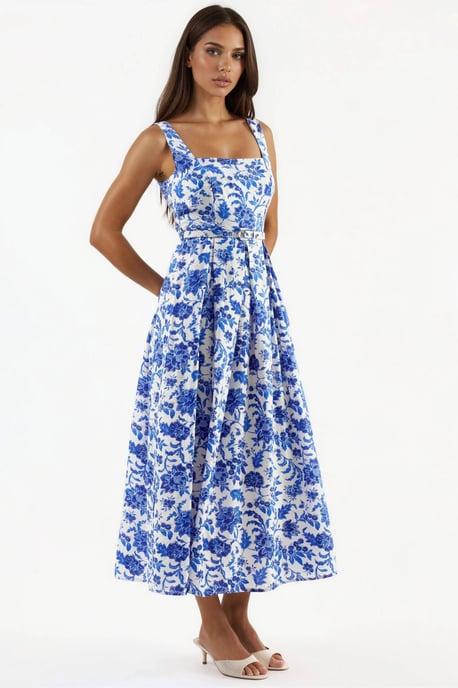 Floral Midi Dress with Square Collar - Image 2