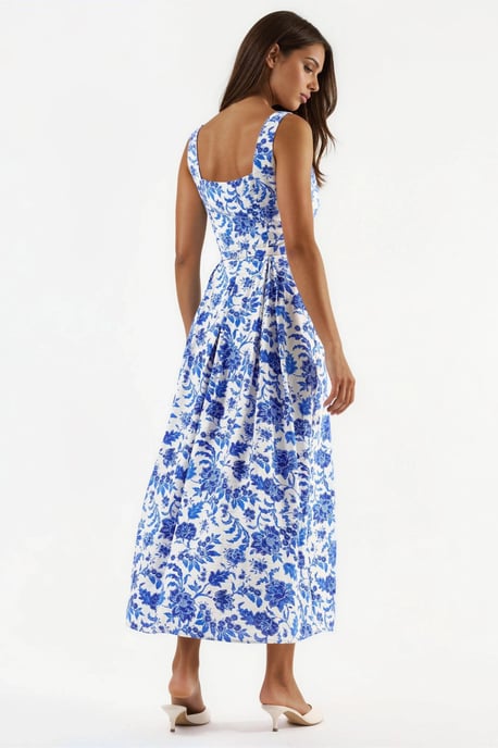 Floral Midi Dress with Square Collar - Image 3