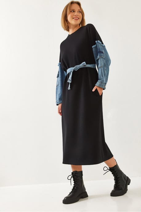 Texturerad denim midi-klänning med rundad hals - Image 1