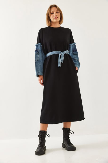 Texturerad denim midi-klänning med rundad hals - Image 2