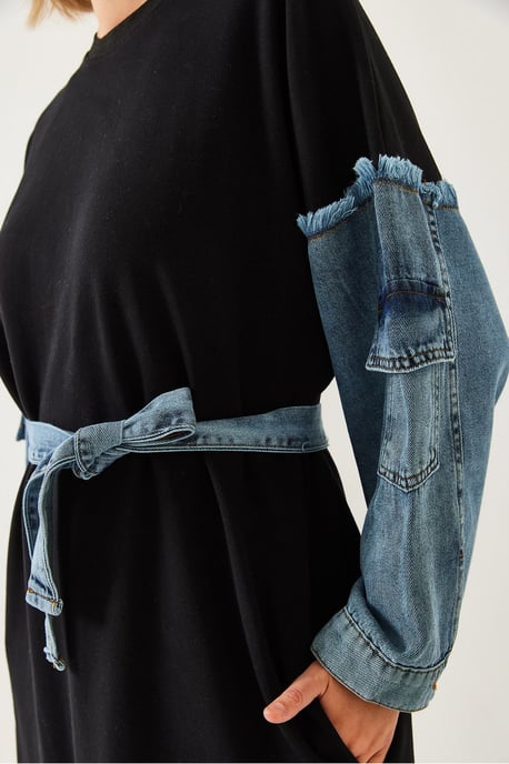 Texturerad denim midi-klänning med rundad hals - Image 3