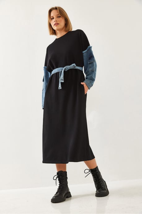 Texturerad denim midi-klänning med rundad hals - Image 5