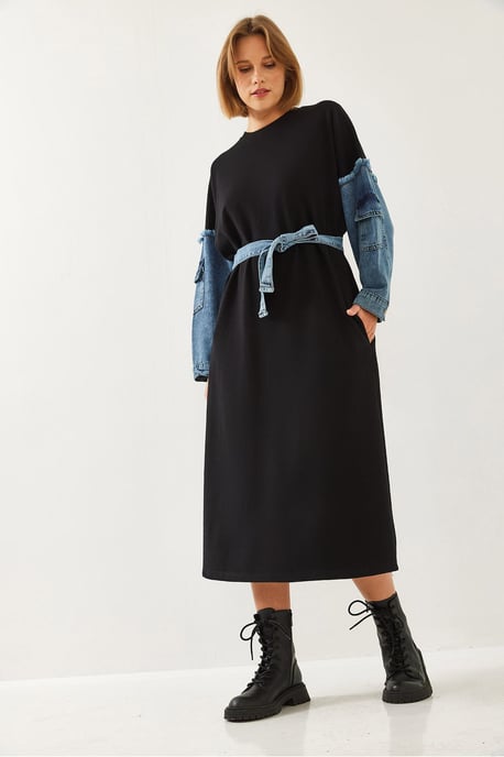 Texturerad denim midi-klänning med rundad hals - Image 6