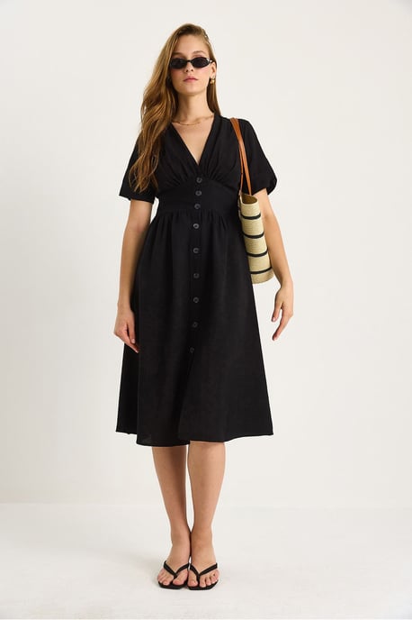 V-hals Knop Midi Shirtjurk - Image 2