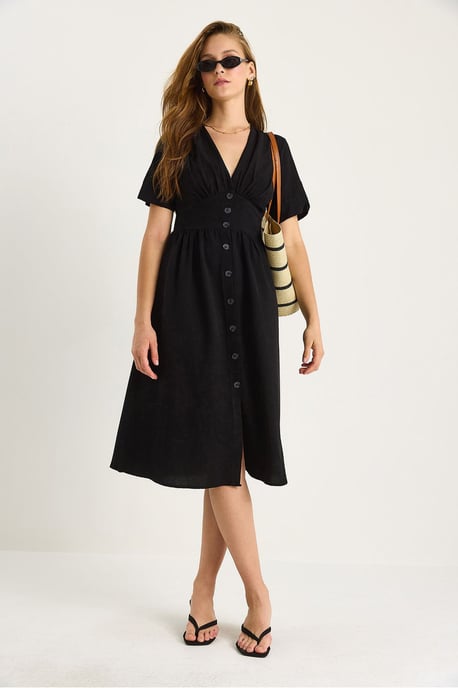 V-hals Knop Midi Shirtjurk - Image 3
