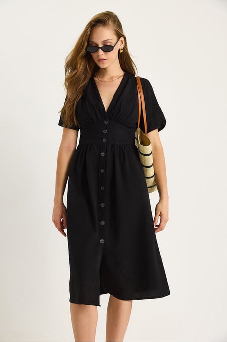 V-hals Knop Midi Shirtjurk - Image 4