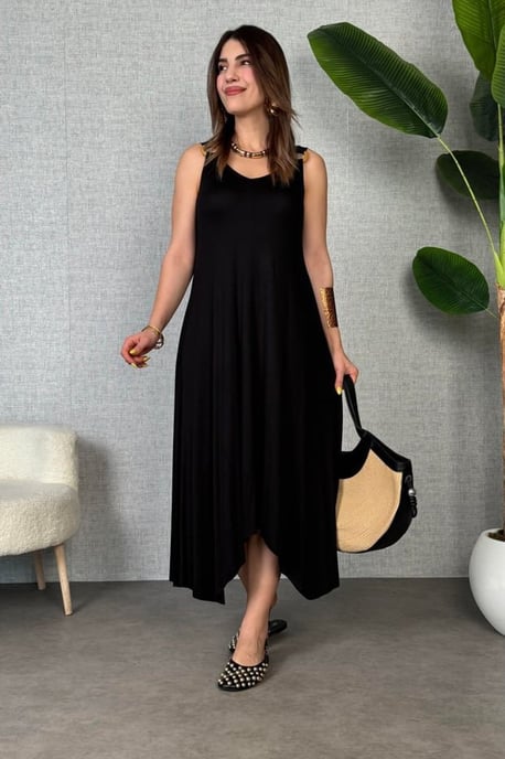 Asymmetrische V-hals Mouwloze Midi-jurk - Image 1