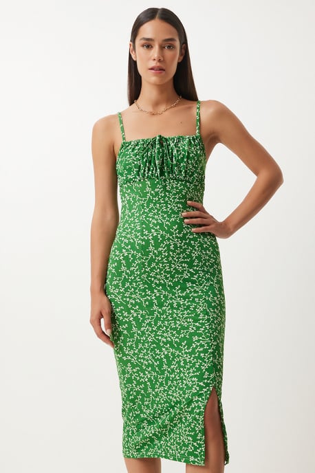Blommig Bodycon Midi Klänning med Sprund - Image 3