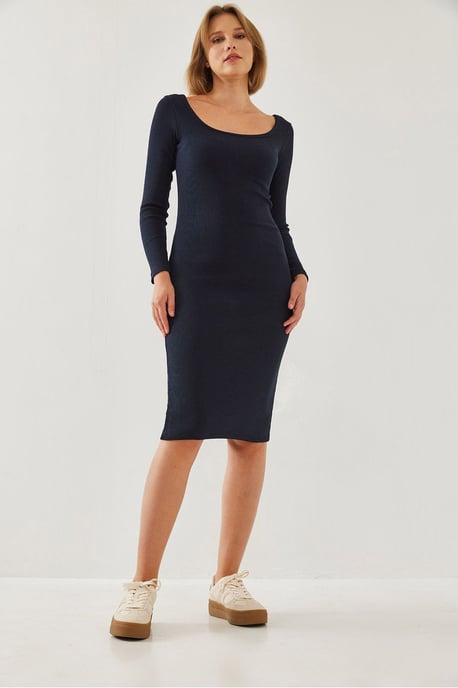 Gegolfde Ribbels Midi Jurk met Vierkante Kraag - Image 2