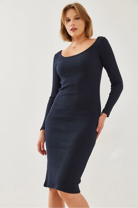 Gegolfde Ribbels Midi Jurk met Vierkante Kraag - Image 4
