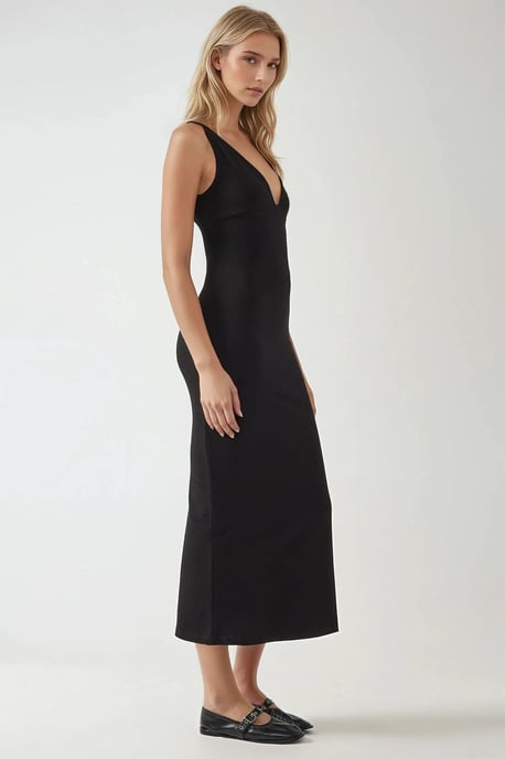 Slim Fit V-ringad Bas Midi Klänning - Image 3